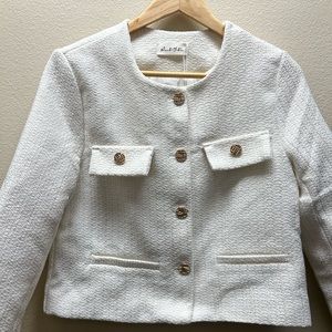 Tweed Textured Boucle Jacket Gold Button Sz Small White